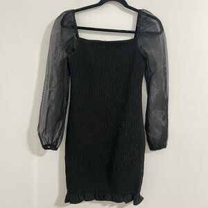 Idem Ditton Smocked Mini Dress Size M Black Chiffon Sheer Sleeves Grunge Emo